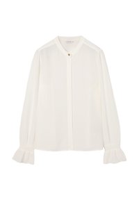 Blouse blanche, tissu léger, fermeture à boutons, col rond, manches longues avec poignets froncés, texture lisse, éclat subtil.