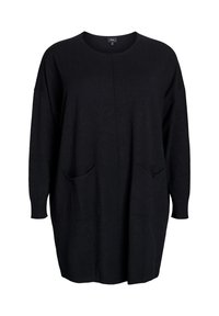 Mustast pehmest materjalist suurmusti kampsun, millel on ümmargune kaelus, pikad varrukad, kaks ees taskut ja soonilised mansetid.