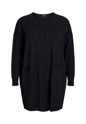 Suéter negro de gran tamaño hecho de material suave, con cuello redondo, mangas largas, dos bolsillos delanteros y puños acanalados.