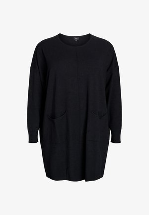 Zwart oversized trui gemaakt van zacht materiaal, met een ronde hals, lange mouwen, twee zakken aan de voorkant en geribde manchetten.