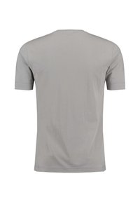 T-shirt grigio a maniche corte con scollatura rotonda, realizzato in tessuto morbido e liscio; presenta un design semplice e senza cuciture, privo di qualsiasi decorazione.