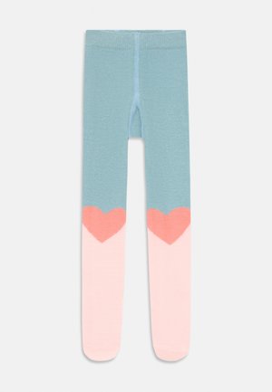 Plave i ružičaste pletene tajice s uzorkom srca na donjem dijelu, glatke teksture i rebrastim pojasom.