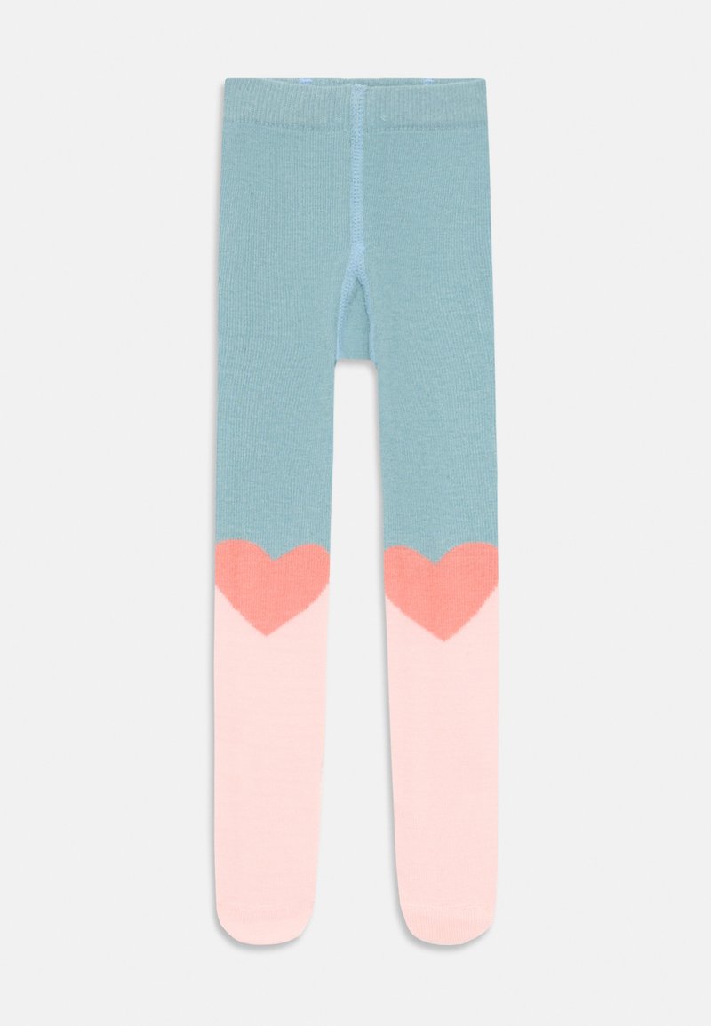 Tights lavorati a maglia blu e rosa con un motivo a cuore nella parte inferiore, dotati di una texture liscia e una fascia in vita a coste.