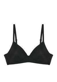 Soutien-gorge triangle noir en tissu lisse, avec des bretelles fines réglables et des accents en dentelle sur les côtés pour plus de détail.