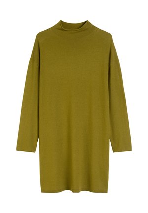 Tunika lunga color verde oliva con maniche lunghe e colletto alto. Realizzata in tessuto morbido e testurizzato. Vestibilità ampia con silhouette dritta e orlo a coste.