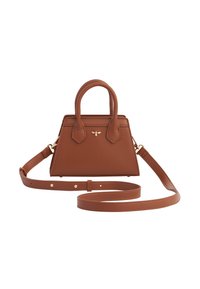 Brown leather handbag with a structured design, dual top handles, a removable shoulder strap, and a gold bee accent on the front.