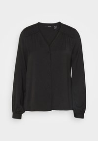 Blusa nera a maniche lunghe con scollatura a V e chiusura con bottoni. Presenta dettagli arricciati sulle spalle e polsini aderenti. Tessuto dalla texture liscia.