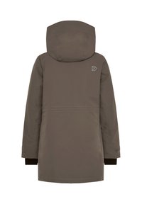 Brązowa, długa zimowa kurtka z kapturem, z regulowanymi mankietami i małym odblaskowym logo na górnej części pleców, pokazana z widoku z tyłu.