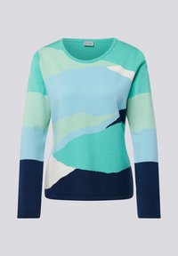 Strickpullover mit wellenförmigen Mustern in den Farbtönen Teal, Hellgrün und Marineblau. Runde Halslinie und lange Ärmel mit einer glatten Textur.
