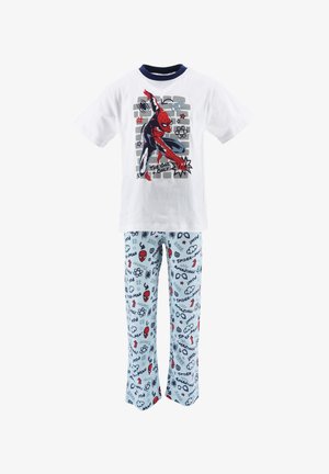 White short-sleeve t-shirt with Spider-Man graphic and blue accents. Matching light blue pajama pants with patterns of Spider-Man and symbols.