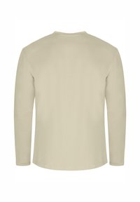 Helles beige Langarmhemd aus weichem Stoff, mit einem runden Halsausschnitt und geradem Schnitt, ohne sichtbare Grafiken oder Muster.