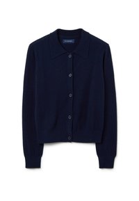 Marineblauwe cardigan van zachte breiwerk, met een kraaghalslijn, knoopsluiting aan de voorkant en geribbelde manchetten en onderkant.