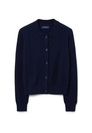 Marineblauwe cardigan van zachte breiwerk, met een kraaghalslijn, knoopsluiting aan de voorkant en geribbelde manchetten en onderkant.