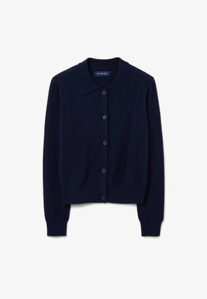 Navy blue cardigan made of soft knit fabric, featuring a collared neckline, button front, and ribbed cuffs and hem.
