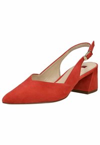 Scarpa slingback rossa in suede con punta affusolata e tacco a blocco basso. Presenta un taglio triangolare e una fibbia metallica per la chiusura.