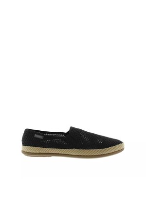 Scarpa nera intrecciata slip-on con suola beige dalla texture a corda e piccola etichetta in tessuto del marchio sul lato.