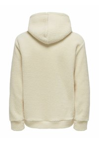 Cremfarbener Fleece-Hoodie mit einer strukturierten, flauschigen Oberfläche, ausgestattet mit einer Kapuze, langen Ärmeln und einem lockeren Schnitt.