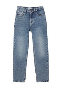 Svetle modré džíny z denimu s volným střihem, rovnými nohavicemi, pěti kapsami, bronzovými nýty a vybledlým vzhledem. Obsahují pas a poutka na opasek.