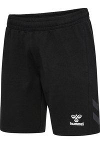 Schwarze Sportshorts mit elastischem Taillenbund, seitlichen Taschen und einem weißen Logo mit geometrischem Muster auf der unteren linken Seite.