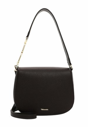 Borsa a tracolla nera in pelle, con una forma curvata, finitura texture e un dettaglio in hardware dorato sulla parte anteriore. Inclusa una tracolla regolabile.