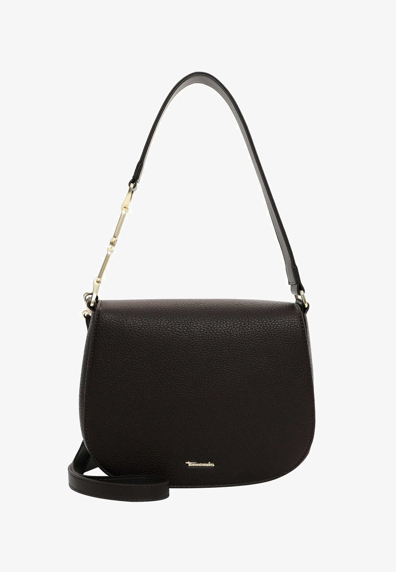 Sort læder crossover taske med en buet form, struktureret finish og en guldfarvet hardwaredetalje foran. Justerbar rem inkluderet.