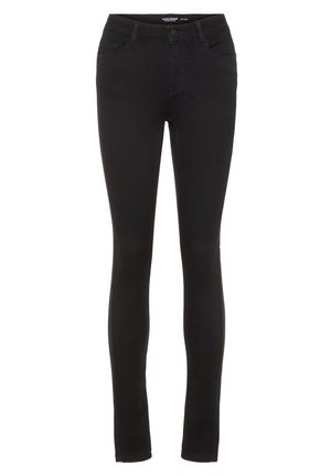 Pantalons noirs slim-fit avec fermeture à bouton et zipper, poches avant et arrière, et passants de ceinture.