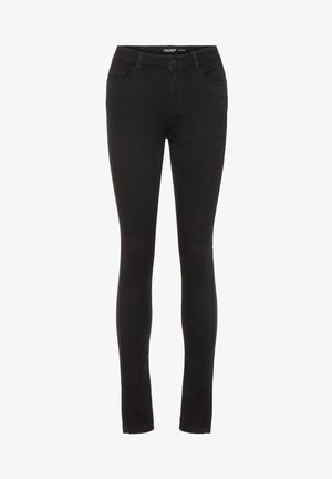 Pantalons noirs slim-fit avec fermeture à bouton et zipper, poches avant et arrière, et passants de ceinture.