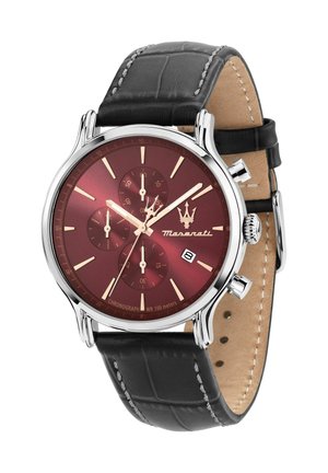 Orologio cronografo da uomo con quadrante mogano, indici argentati, cinturino in pelle nera, tre sottoquadranti, finestra della data e logo Maserati a ore 3.