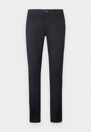 Black cotton jeans with a slim fit, featuring a button closure, five pockets, and a smooth texture. No prominent patterns or accents.