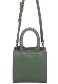 Sac à main en cuir vert de forme rectangulaire, avec deux poignées courtes et une bandoulière longue amovible. Texture lisse, sans motifs visibles.