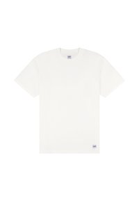 Schlichtes weißes T-Shirt mit kurzen Ärmeln und Rundhalsausschnitt, das kleine Lee-Logo-Patches am Halsbandetikett und am unteren Saum aufweist.