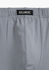 Jasnoszare bokserki z elastycznym pasem, z czarną metką z białym napisem "ATLANTIC" na górze. Miękka faktura.