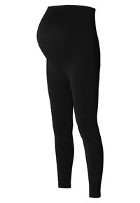 Leggings de maternité noires côtelées avec une taille haute et extensible, conçues pour s'adapter à un ventre de femme enceinte.