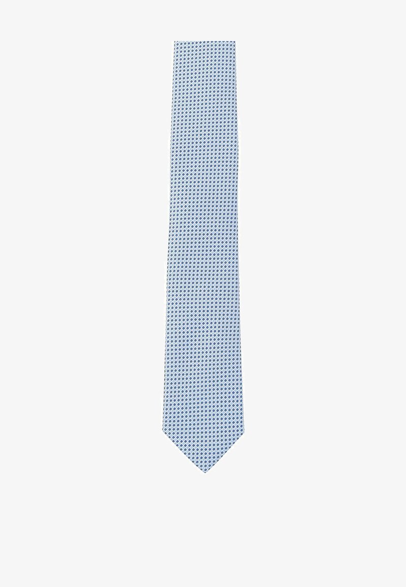 Light blue tie with a diamond pattern in darker blue. Made of smooth fabric, featuring a tapered end and a standard width.