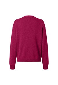 Suéter de punto fucsia con cuello redondo, hombros caídos y mangas largas. Presenta puños y bajo acanalados para un ajuste ajustado.