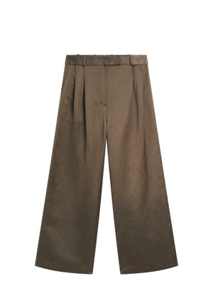 Brązowe, szerokie spodnie w stylu kulotów z wysokim stanem, plisowanym przodem i gładką fakturą. Zaprojektowane z czystą, dopasowaną sylwetką.