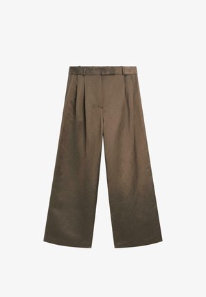 Braune, weit geschnittene Hosen mit hoher Taille, gefaltetem Vorderteil und glatter Textur. Entworfen mit einer klaren, maßgeschneiderten Silhouette.