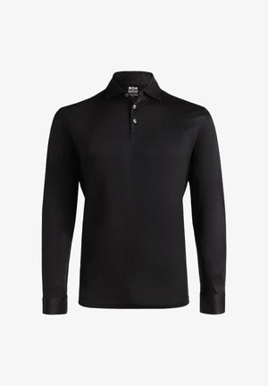 Černá dlouhá polo košile s klasickým límcem, tříknoflíkovou légou a manžetami. Hladká textura s jemným leskem.