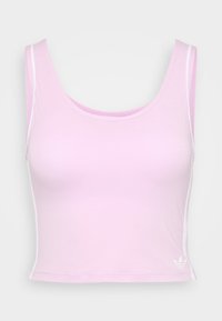 Rosa ermeless crop top laget av glatt stoff, med hvite sidestropp og en liten hvit logo nederst til venstre.