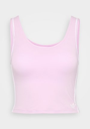 Pink sleeveless crop top made of smooth fabric, featuring white side stripes and a small white logo at the bottom left.
