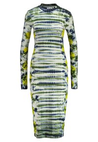 Robe à manches longues présentant une silhouette ajustée avec un motif tie-dye en vert, marine et jaune, fabriquée en tissu doux et extensible.