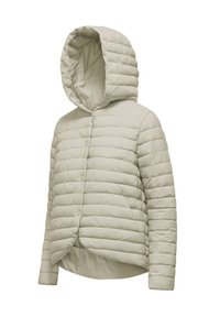 Giubbotto imbottito con cappuccio in beige chiaro, caratterizzato da un design trapuntato, chiusura a bottoni automatici e orlo leggermente curvato per una maggiore copertura.