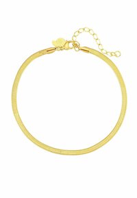 Pulsera de tono dorado con un diseño elegante y flexible, que presenta una extensión de cadena y un pequeño acento en forma de concha en el cierre.