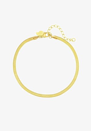 Pulsera de tono dorado con un diseño elegante y flexible, que presenta una extensión de cadena y un pequeño acento en forma de concha en el cierre.