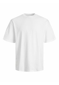 Weißes Baumwoll-T-Shirt mit rundem Halsausschnitt, kurzen Ärmeln und lockerer Passform. Glatte Textur, keine Muster oder Hardware-Details.