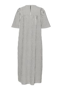 Dryžuota ilga suknelė šviesiai pilkos ir baltos spalvos, su trumpomis rankovėmis, tiesiu siluetu ir rakto skylutės detalėmis nugaroje. Pagaminta iš minkštos medžiagos.