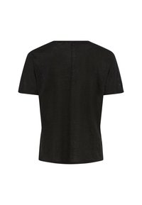 Sort T-shirt med korte ærmer i let materiale. Lige snit med rund halsudskæring og glat tekstur, med minimale design detaljer.