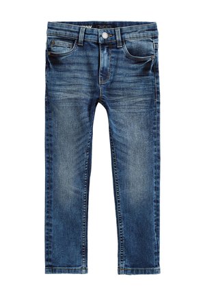 Jean en denim bleu pour enfants avec poches avant, passants de ceinture et fermeture par bouton, présenté à plat sur fond blanc.