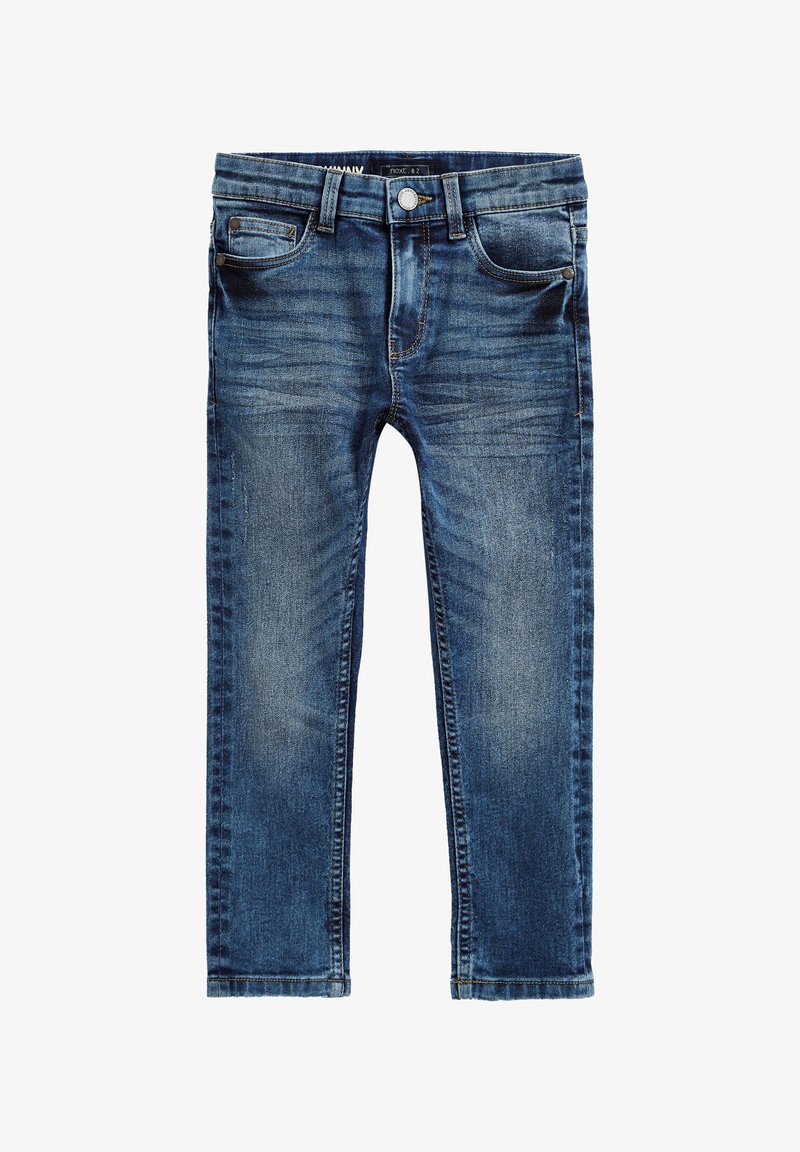 Jean en denim bleu pour enfants avec poches avant, passants de ceinture et fermeture par bouton, présenté à plat sur fond blanc.