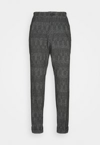 Grau gemusterte Hose mit Karodessin, geraden Beinen, Knopfverschluss und umgeschlagenen Säumen, hergestellt aus strukturiertem Stoff.